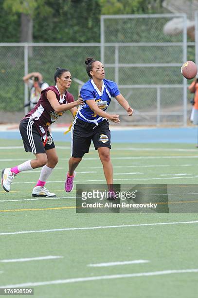 Personalies Gloria Barnes and Laura Govan attend the 1st Annual Athletes VS Cancer Celebrity Flag Football Game on August 18, 2013 in Pacific...