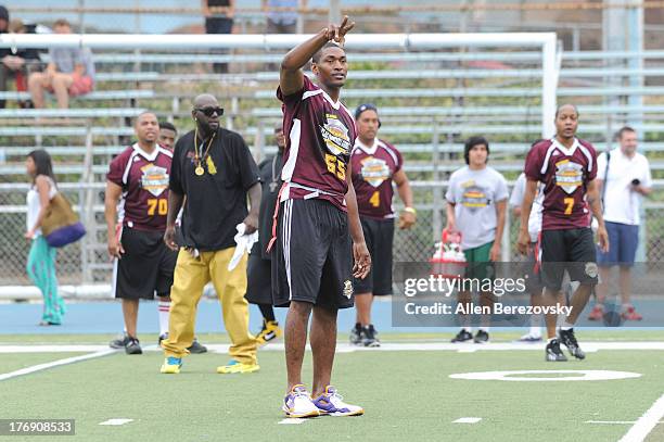 Player Metta World Peace participates in the 1st Annual Athletes VS Cancer Celebrity Flag Football Game on August 18, 2013 in Pacific Palisades,...