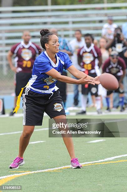 Personality Gloria Barnes participates in the 1st Annual Athletes VS Cancer Celebrity Flag Football Game on August 18, 2013 in Pacific Palisades,...