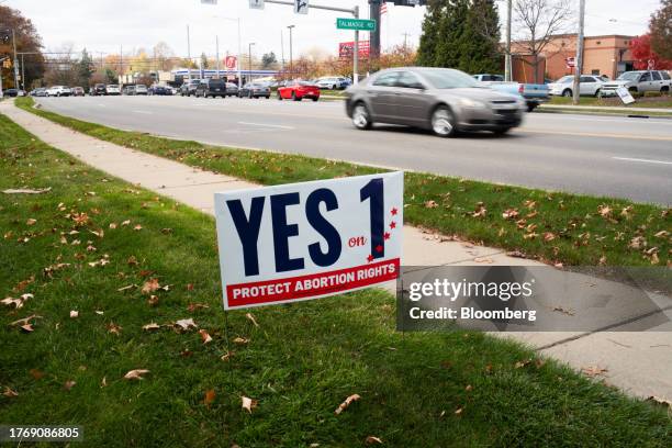 An Issue 1 campaign sign outside a polling location in Toledo, Ohio, US, on Tuesday, Nov. 7, 2023. Ohioans are considering a proposed amendment,...