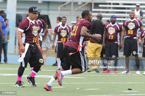 Player Gilbert Arenas participates in the 1st Annual Athletes VS Cancer Celebrity Flag Football Game on August 18, 2013 in Pacific Palisades,...