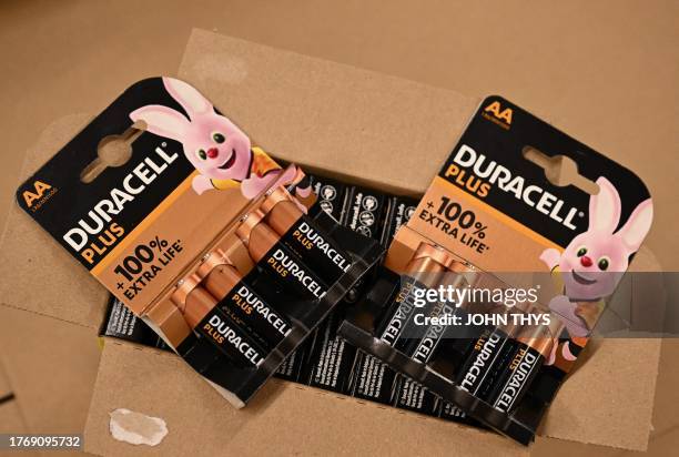 This photograph taken on November 7, 2023 shows Duracell batteries, world's leading manufacturer of alkaline batteries, at the Duracell factory, in...