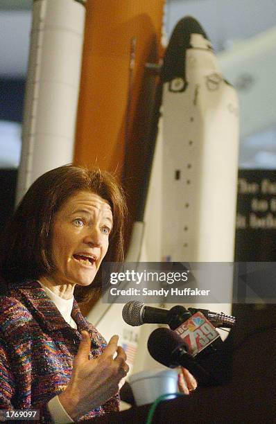 Dr. Sally Ride, the first U.S. Woman to travel into space, speaks to the media at the San Diego Aerospace Museum February 7, 2003 in San Diego,...