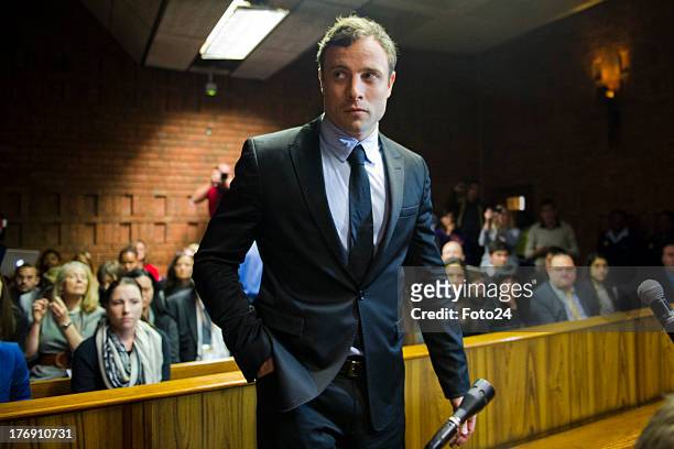 Oscar Pistorius appears in the Pretoria Magistrates court on August 19 in Pretoria, South Africa. Pistorius is accused of the murder of Reeva...