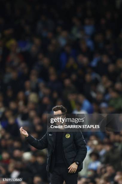 Young Boys' Swiss manager Raphael Wicky reacts during the UEFA Champions League Group B second leg football match between Manchester City and Young...