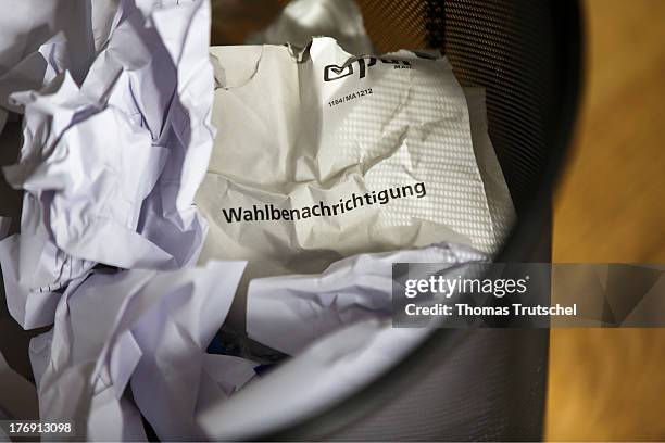 Letter with the inscription election notification lies in a garbage can on August 19, 2013 in Berlin Germany. Every voter in Germany receives this...