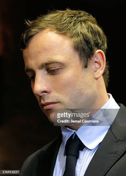 South African athlete Oscar Pistorius appears in Pretoria Magistrates Court for an indictment hearing on August 19, 2013 in Pretoria, South Africa....