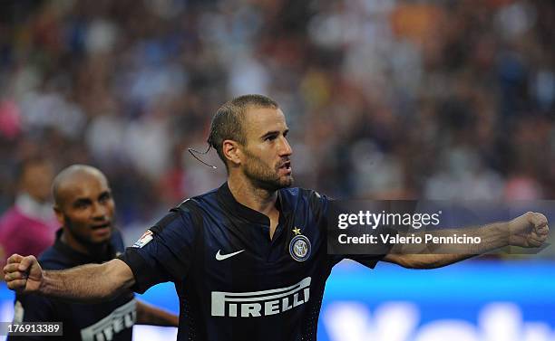 Rodrigo Palacio of FC Internazionale Milano celebrates his second goal during the TIM cup match between FC Internazionale Milano and AS Cittadella at...