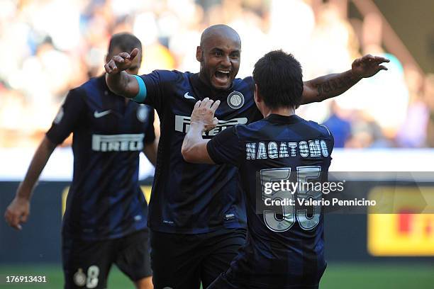 Jonathan of FC Internazionale Milano celebrates his goal with team mates Yuto Nagatomo during the TIM cup match between FC Internazionale Milano and...