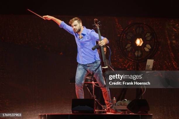 Croatian cellist Stjepan Hauser performs live on stage during a concert at the Mercedes-Benz Arena on October 31, 2023 in Berlin, Germany.