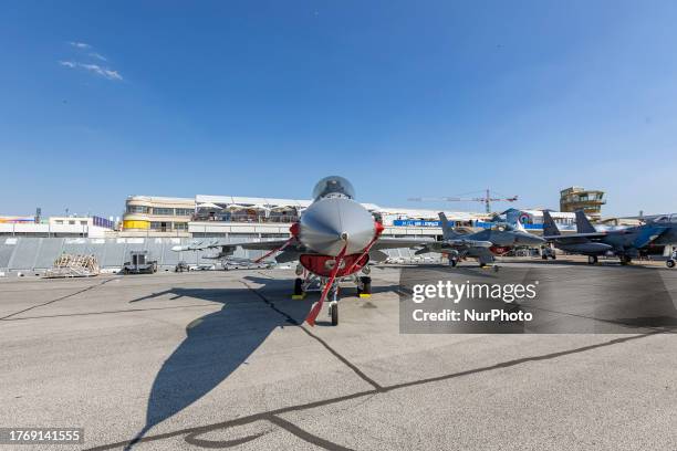 Direct view of the cockpit with the famous bubble canopy of General Dynamics F-16 fighter jet on the tarmac at the static display during the...