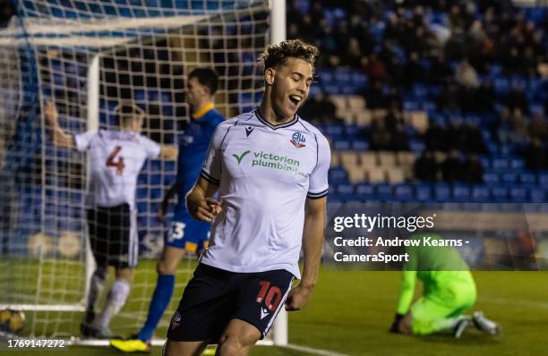 Bolton Wanderers' Dion Charles celebrates his side's first goal during the Sky Bet League One match between Shrewsbury Town and Bolton Wanderers at...