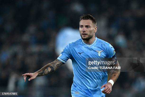 Lazio's Italian forward Ciro Immobile exits the pitch during the UEFA Champions League Group E football match between Lazio and Feyenoord at the...