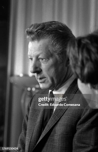 Close-up of American actor and dancer Danny Kaye as he speaks during a press conference at the Buenos Aires Plaza Hotel, Buenos Aires, Argentina,...