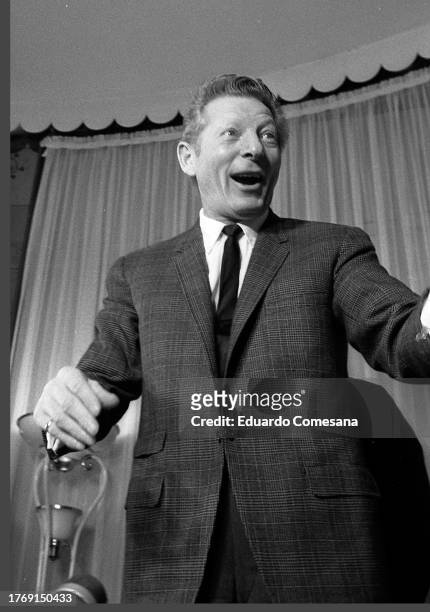 View of American actor and dancer Danny Kaye as he speaks during a press conference at the Buenos Aires Plaza Hotel, Buenos Aires, Argentina, 1967.