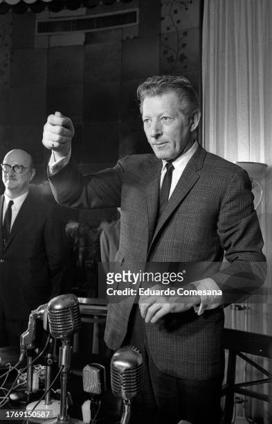 View of American actor and dancer Danny Kaye as he gestures during a press conference at the Buenos Aires Plaza Hotel, Buenos Aires, Argentina, 1967.