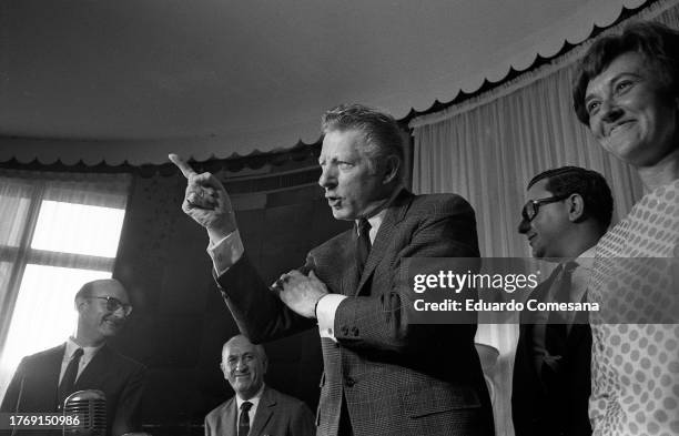 View of American actor and dancer Danny Kaye as he speaks during a press conference at the Buenos Aires Plaza Hotel, Buenos Aires, Argentina, 1967.