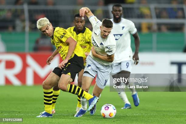 Anton Stach of TSG 1899 Hoffenheim battles for possession with Giovanni Reyna of Borussia Dortmund during the DFB cup second round match between...