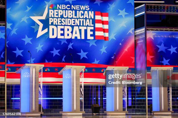 The debate hall at the Adrienne Arsht Center for the Performing Arts of Miami-Dade County ahead of the Republican presidential primary debate hosted...