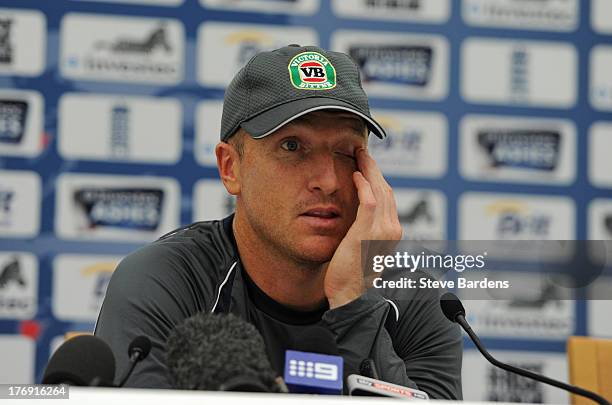 Brad Haddin of Australia talks to the media during a press conference at The Kia Oval on August 19, 2013 in London, England.