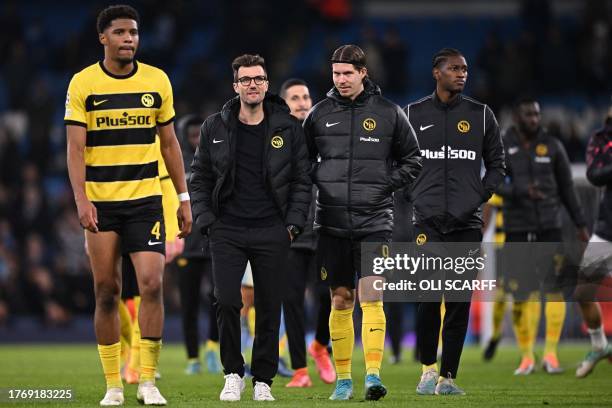 Young Boys' Swiss defender Aurele Amenda , Young Boys' Swiss manager Raphael Wicky and Young Boys' Swiss forward Cedric Itten react after during the...