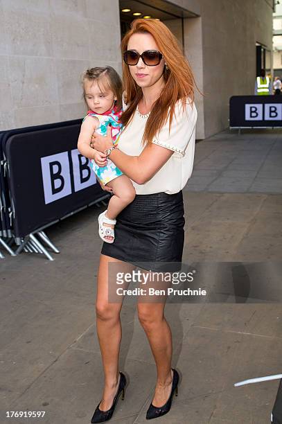 Una Healy and Aoife Belle Foden of The Saturdays sighted at BBC Radio 1 on August 19, 2013 in London, England.