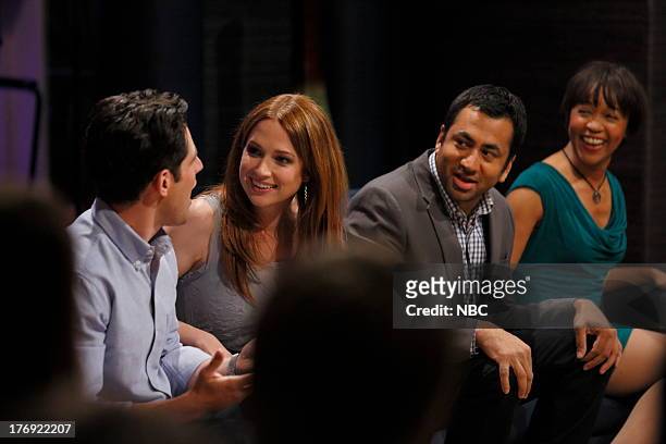 The Office Party" Episode 102 -- Pictured: Max Greenfield, Ellie Kemper, Kal Penn, Contestant --