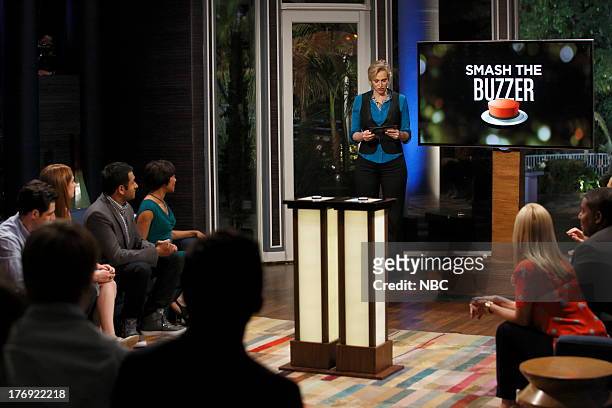 The Office Party" Episode 102 -- Pictured: Max Greenfield, Ellie Kemper, Kal Penn, Contestant, Jane Lynch, Angela Kinsey, Kenan Thompson --