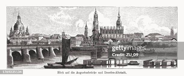historical view of dresden, saxony, germany, wood engraving, published 1894 - dresden frauenkirche stock illustrations
