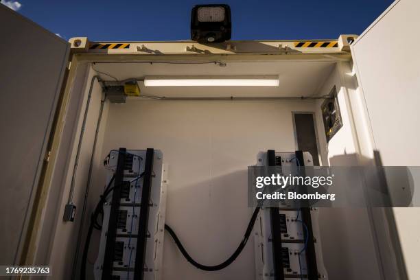 Lithium-ion batteries inside a BoxPower SolarContainer housing, part of a PG&E Corp. Remote grid power system, during a media event at Pepperwood...