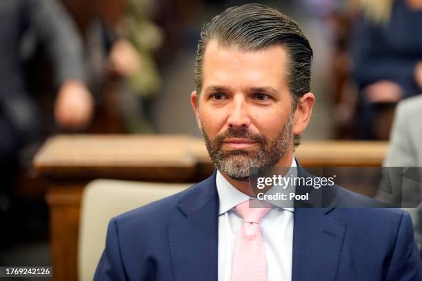 Donald Trump Jr. Sits in a New York courtroom on November 01, 2023 in New York City. Trump's children, Donald Jr., Eric, and daughter Ivanka, are all...