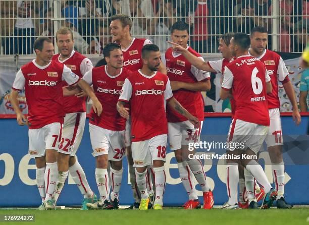 Adam Nemec of Berlin jubilates with team mates after scoring the first goal during the Second Bundesliga match between 1.FC Union Berlin and Fortuna...