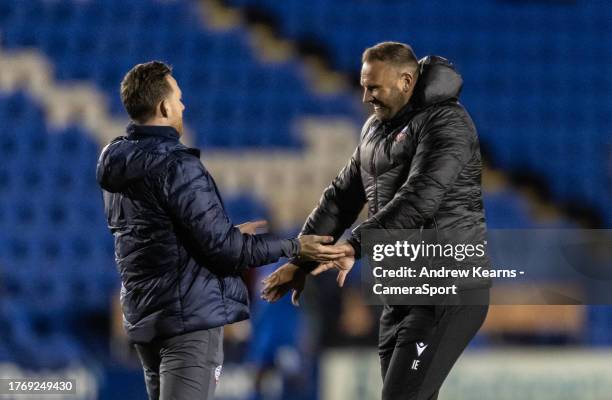 Bolton Wanderers' manager Ian Evatt celebrates victory at the end of the match with Gethin Jones during the Sky Bet League One match between...