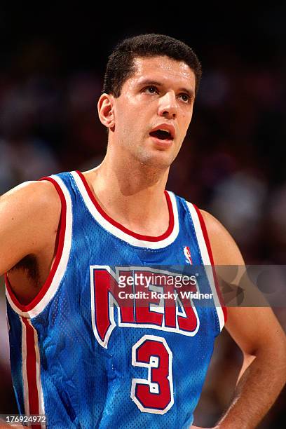 Drazen Petrovic of the New Jersey Nets looks on against the Sacramento Kings on January 28, 1991 at Arco Arena in Sacramento, California. NOTE TO...