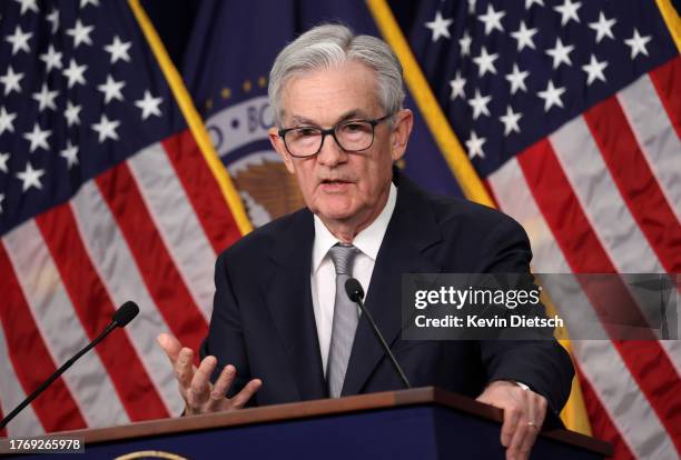 Federal Reserve Board Chairman Jerome Powell speaks during a news conference after a Federal Open Market Committee meeting on November 01, 2023 at...