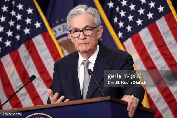 Federal Reserve Board Chairman Jerome Powell speaks during a news conference after a Federal Open Market Committee meeting on November 01, 2023 at...