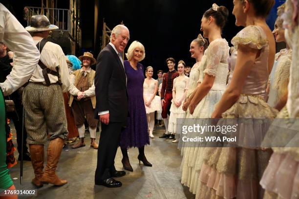 Britain's King Charles III and Queen Camilla meet cast members of the Royal Ballet after their performance of Carlos Acosta's 'Don Quixote', at the...