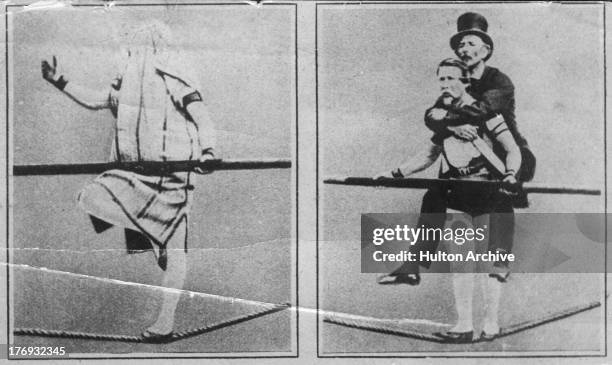 French acrobat and tightrope-walker Charles Blondin , real name Jean Francois Gravelet, on two of many crossings of the Niagara River, circa 1860. In...