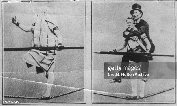 French acrobat and tightrope-walker Charles Blondin , real name Jean Francois Gravelet, on two of many crossings of the Niagara River, circa 1860. In...