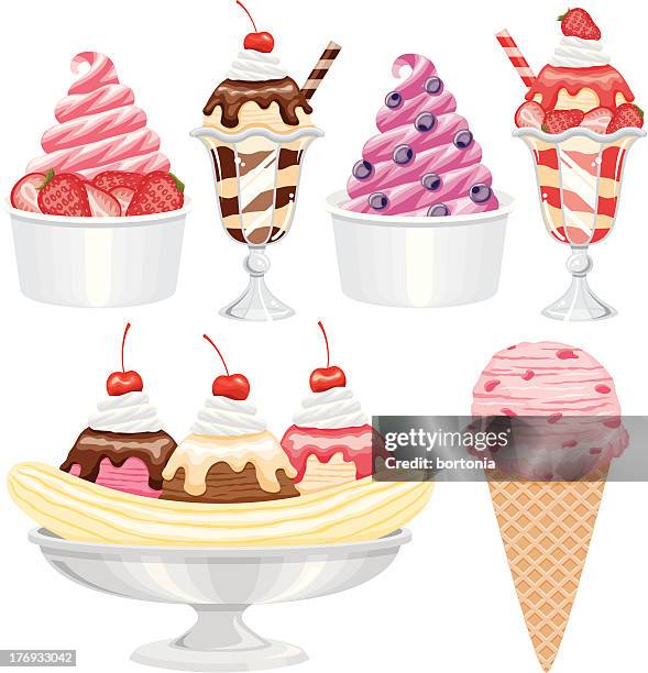 illustrazioni stock, clip art, cartoni animati e icone di tendenza di set di icone di gelato - coppa gelato
