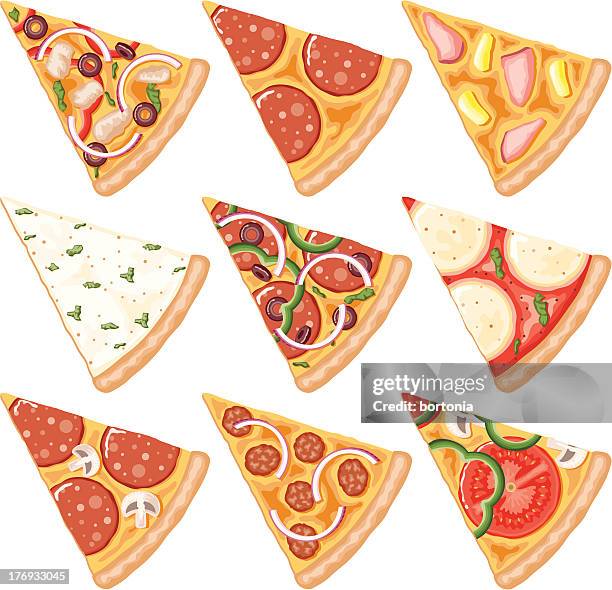 ilustrações de stock, clip art, desenhos animados e ícones de fatias de pizza conjunto de ícones - pizza