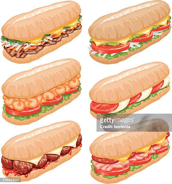 ilustrações de stock, clip art, desenhos animados e ícones de submarino sanduíches conjunto de ícones - submarine sandwich