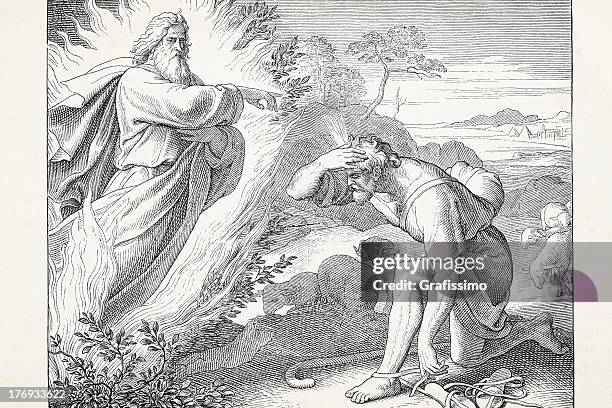 angel coming out of burning bush speaking to moses - moses stock illustrations