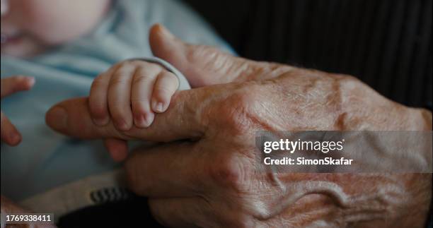 imagem detalhada da mão pequena do menino segurando o dedo do avô - diferença entre gerações - fotografias e filmes do acervo