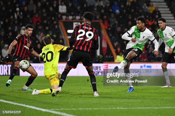 Cody Gakpo of Liverpool fires in the first goal during the Carabao Cup Fourth Round match between AFC Bournemouth and Liverpool at Vitality Stadium...