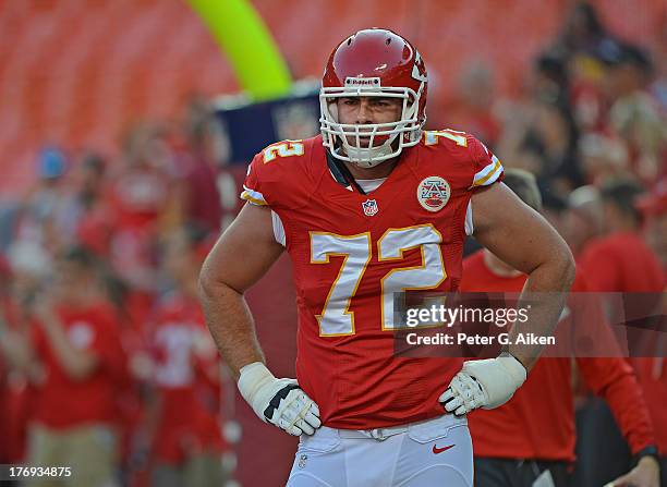 Offensive tackle Eric Fisher of the Kansas City Chiefs before a game against the San Francisco 49ers on August 16, 2013 at Arrowhead Stadium in...