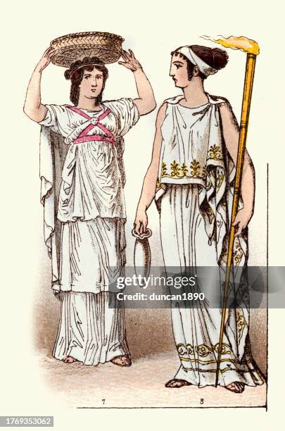 stockillustraties, clipart, cartoons en iconen met ancient greek costumes, basket bearer, priestess ceres, history of fashion - romeinse godin