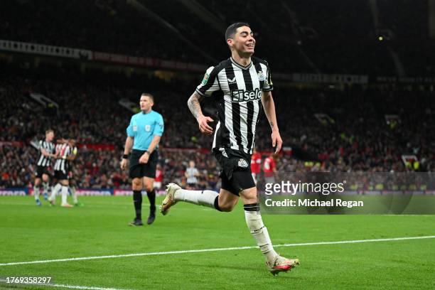Miguel Almiron of Newcastle United celebrates after scoring their sides first goal during the Carabao Cup Fourth Round match between Manchester...