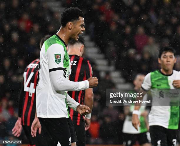Cody Gakpo of Liverpool celebrates after scoring the opening goal during the Carabao Cup Fourth Round match between AFC Bournemouth and Liverpool at...