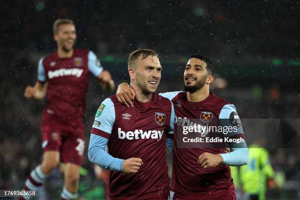 Jarrod Bowen of West Ham United celebrates with team mate Said Benrahma after scoring their sides third goal during the Carabao Cup Fourth Round...